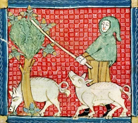 Fol.59v November: Eikels verzamelen
